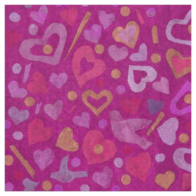 Hearts Love Valentines Day Collage Pattern Fuchsia Fabric (Swatch)