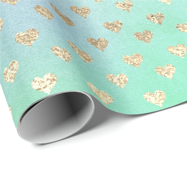 Hearts Metallic Mint Green Blue Gold Pink Wrapping Paper (Roll Corner)
