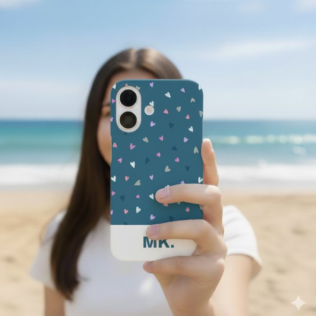 Hearts Modern Monogram iPhone Case (iPhone 16 case shown in bare or though. Choose type of case and iphone model. Add your initials.)