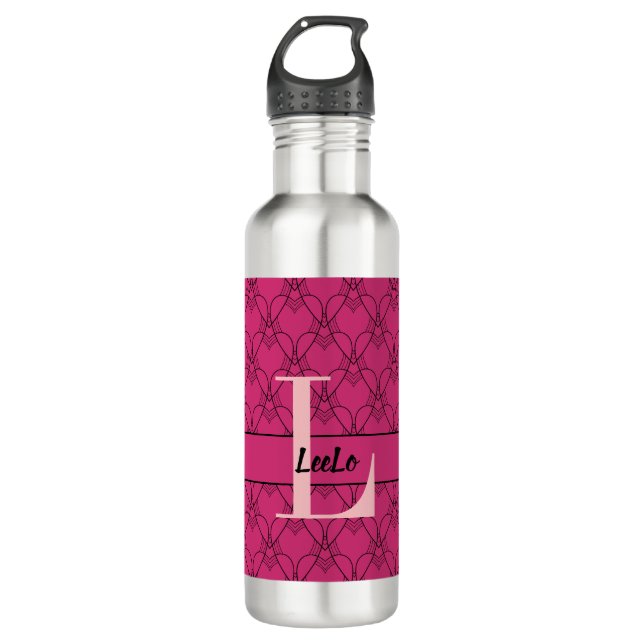 Hearts Monogram and Name Custom Water Bottle (Front)