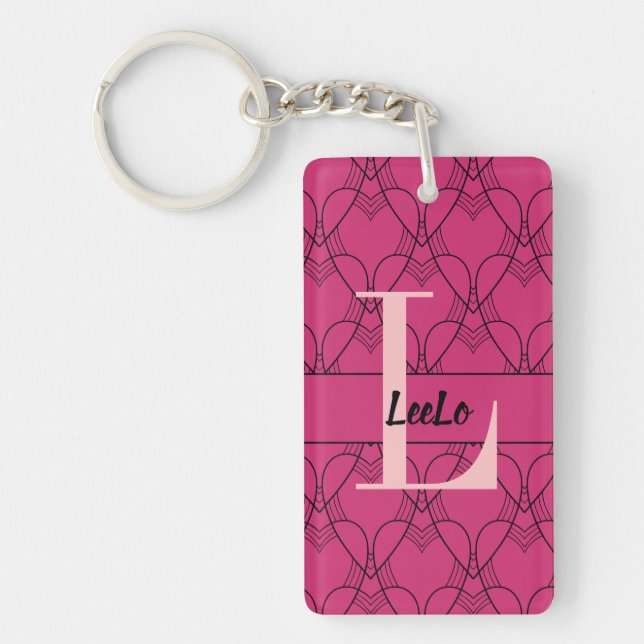 Hearts Monogram and Name with Email Key Ring (Front)