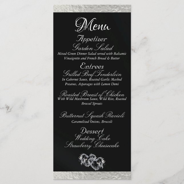 Hearts & Monogram - Black/Silver Wedding Menu (Front)