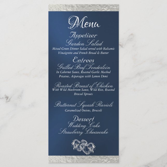 Hearts & Monogram - Blue/Silver Wedding Menu (Front)