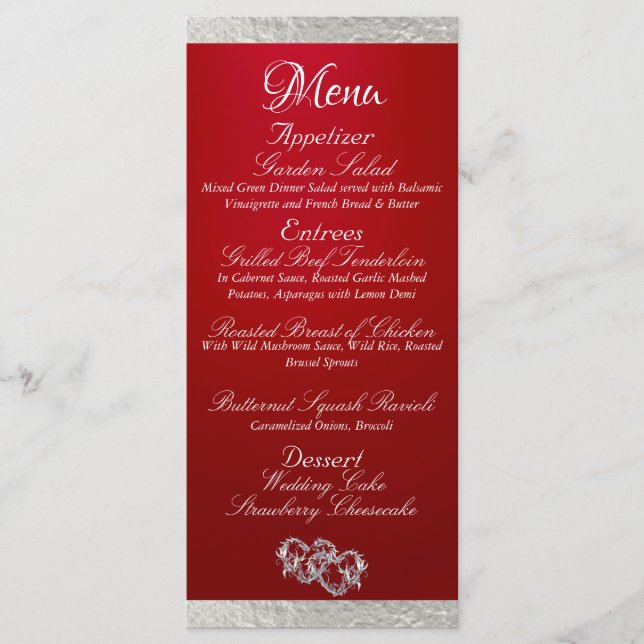 Hearts & Monogram - Crimson/Silver Wedding Menu (Front)