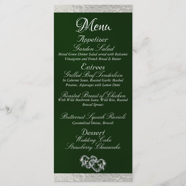Hearts & Monogram - Emerald/Silver Wedding Menu (Front)