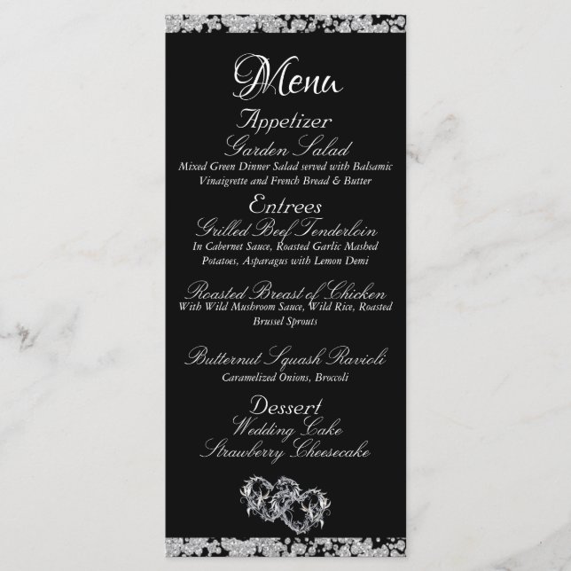 Hearts, Monogram & Glitter - Black Wedding Menu (Front)