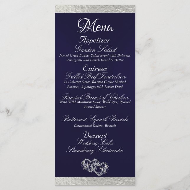 Hearts & Monogram - Navy Blue/Silver Wedding Menu (Front)
