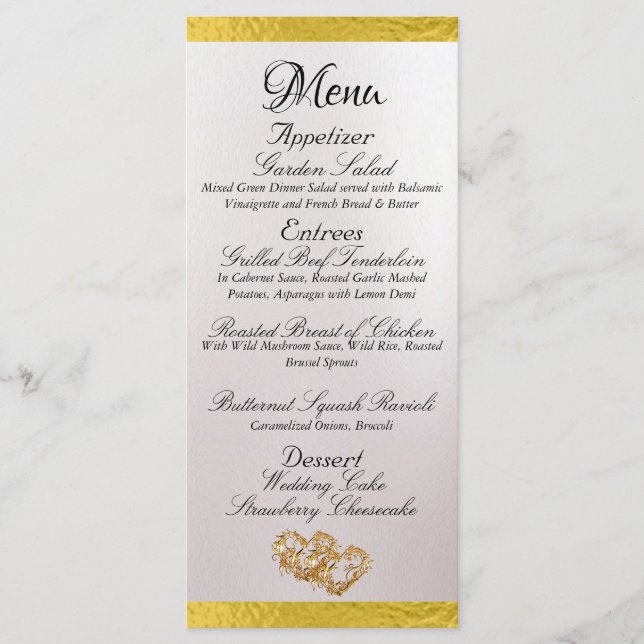 Hearts & Monogram - White Pearl/Gold Wedding Menu (Front)