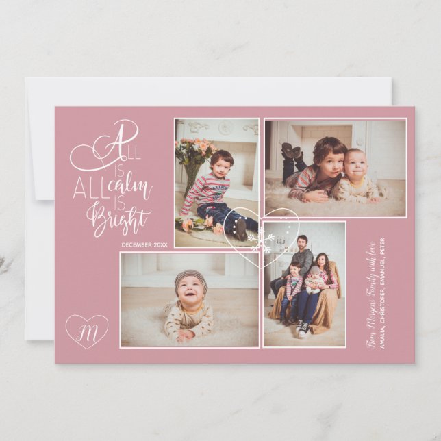 Hearts monogrammed 4 photos Christmas blush pink Holiday Card (Front)