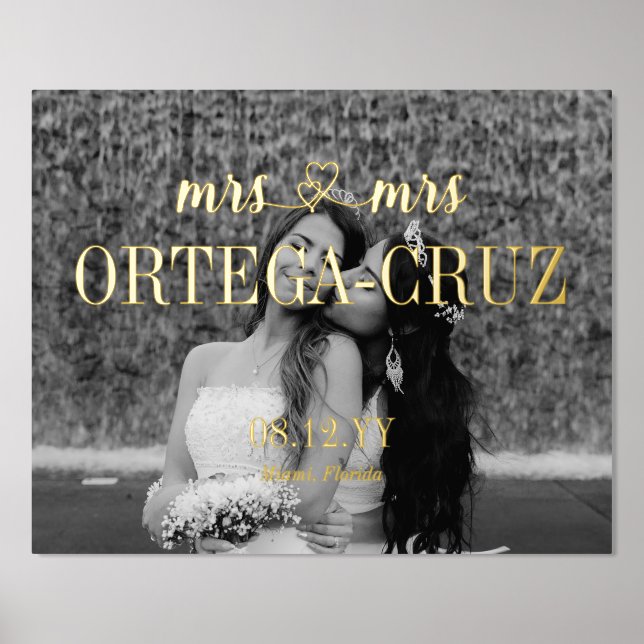 Hearts Mrs & Mrs Last Name Lesbian Wedding Photo Foil Prints (Front)