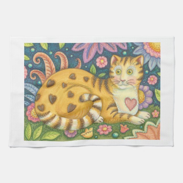 Hearts N' Stripes Tabby Folk Art Cat Kitchen Towel (Horizontal)