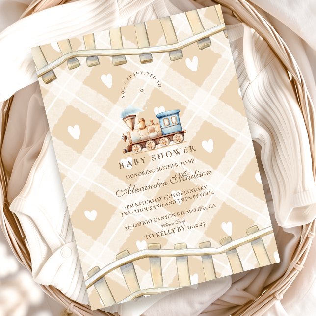 Hearts Neural Watercolor Train Baby Shower Invitation (Creator Uploaded)