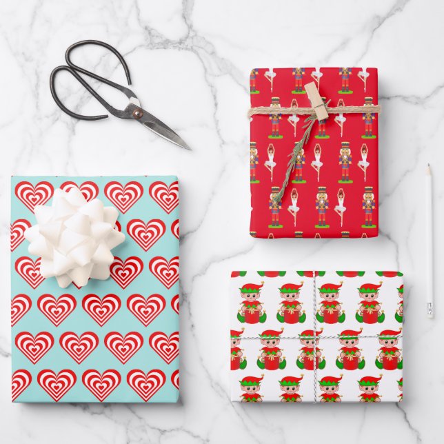 Hearts, Nutcracker and Christmas Elf Wrapping Paper Sheet (Front)