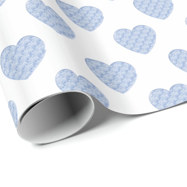 Hearts of Baby Blue Roses in Offset Rows Pattern Wrapping Paper (Roll Corner)