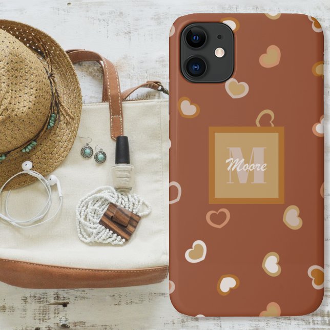 Hearts on Brown in Rustic Earthtones Case-Mate iPhone Case (Hearts on Brown in Rustic Earthtones Case-Mate iPhone Case by Leapfroglisics Shop)
