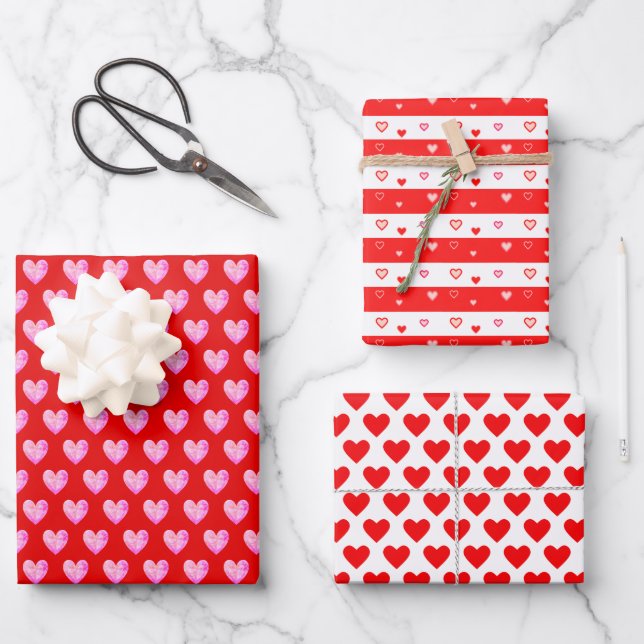 Hearts on Red & White Wrapping Paper Sheet (Front)
