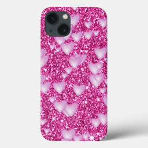 Hearts on Sparkling glitter print, pink iPhone 13 Case