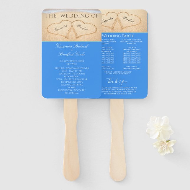 Hearts on the Beach Wedding ceremony program Hand  Fan (Front and Back)
