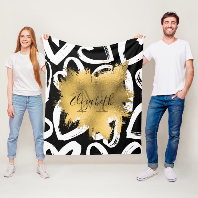 Hearts Pattern and Golden Foil Fleece Blanket (In Situ)