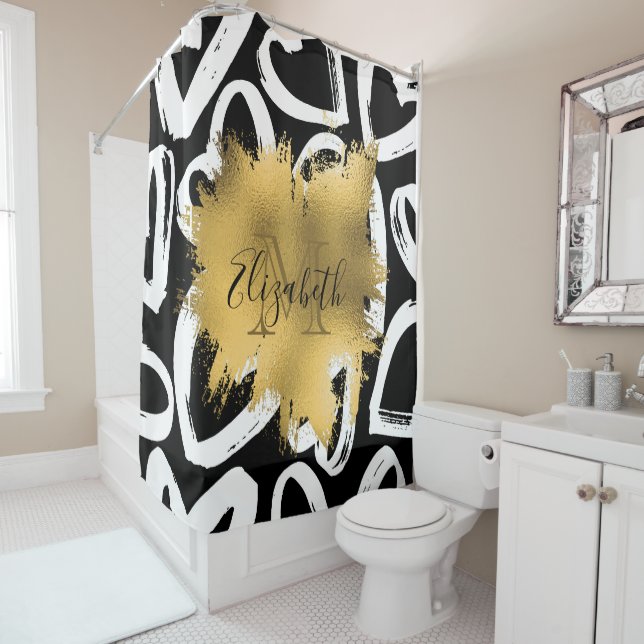 Hearts Pattern and Golden Foil Shower Curtain (In Situ)