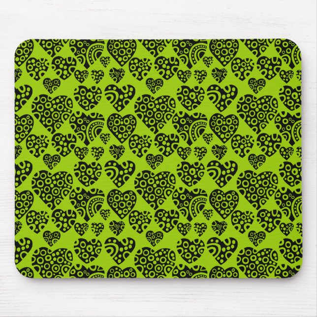 Hearts Pattern - Black on Martian Green Mouse Mat (Front)