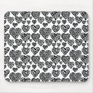 Hearts Pattern - Black on White Mouse Mat