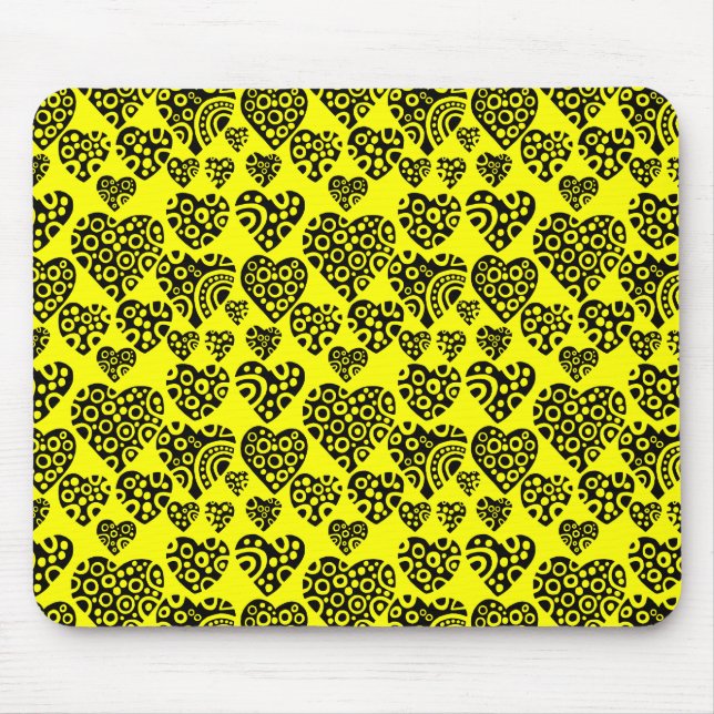 Hearts Pattern - Black on Yellow Mouse Mat (Front)
