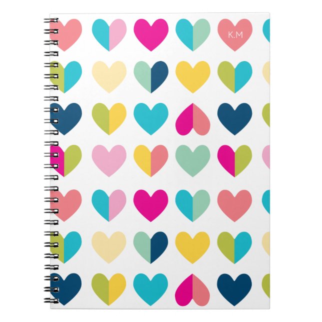 HEARTS pattern colourful modern rainbow initials Notebook (Front)