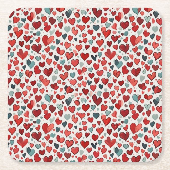 Hearts pattern square paper coaster (Front)
