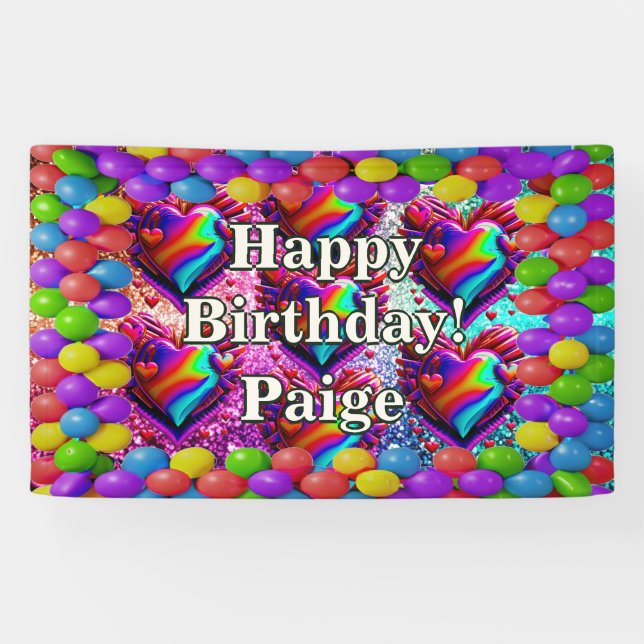 Hearts Personalised character birthday banner (Horizontal)