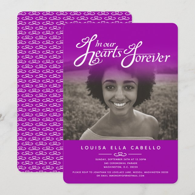 Hearts photo pink purple funeral invites (Front/Back)