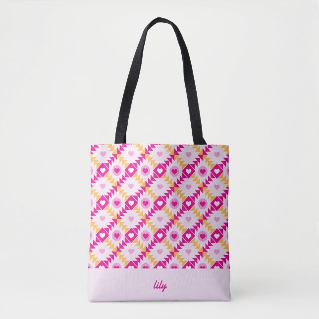 Hearts Pink Bold Custom Name Tote Bag (Front)