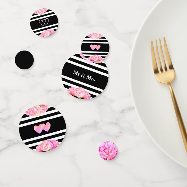Hearts & pink flowers on black & white wedding confetti (Group)