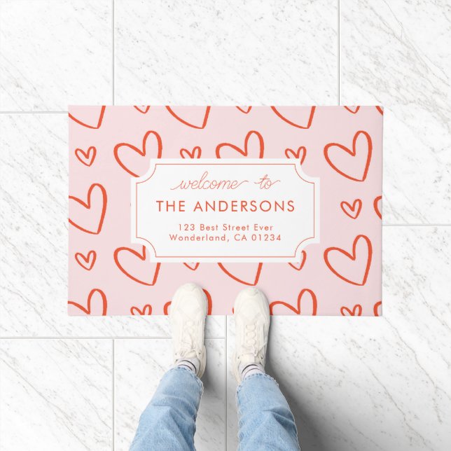Hearts - pink & red family address doormat (Indoor)