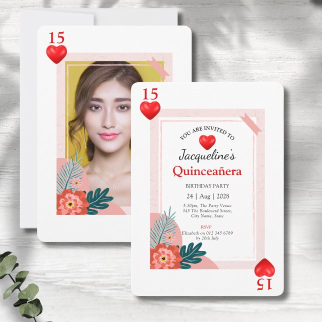 Hearts Playing Card 15th Birthday Quinceañera (Quinceanera 15th birthday party invitations showing front and rear on a grey wood background.)