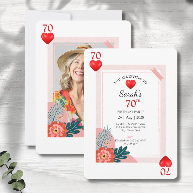 Hearts Playing Card 70th Birthday Party Invitation (70th birthday party invitations in a playing card style on a grey wood background.)