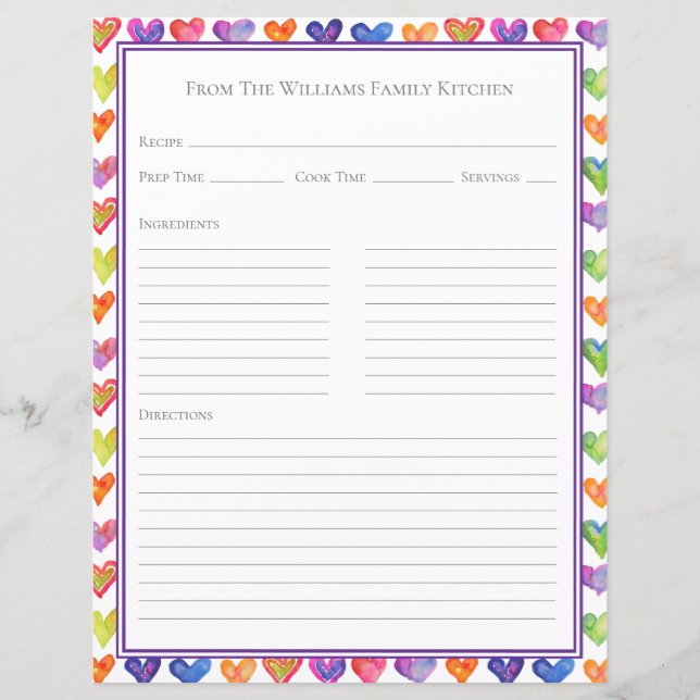 Hearts Rainbow White Recipe Paper Sheet (Front)