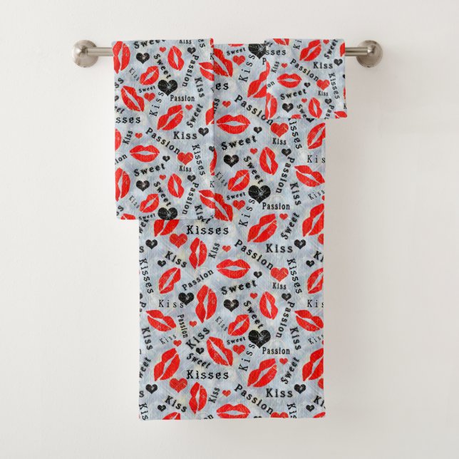 Hearts, red, black, Lip prints, kiss Bath Towel Set (Insitu)