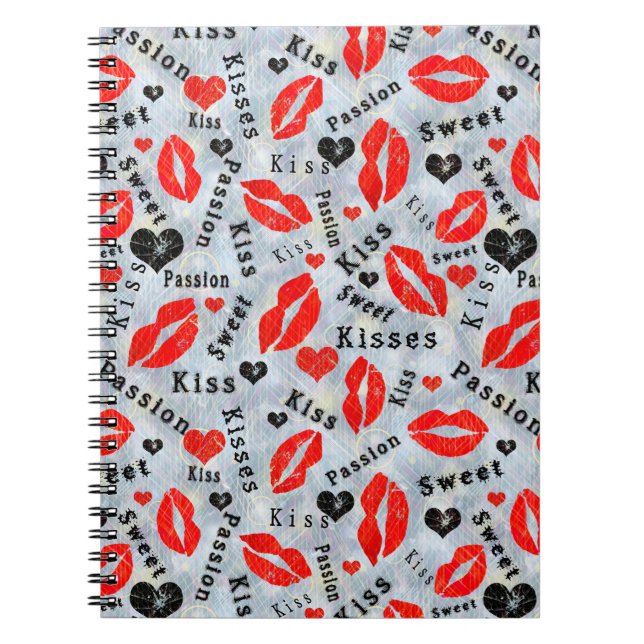 Hearts, red, black, Lip prints, kiss Notebook (Front)