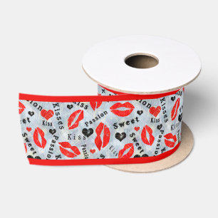 Hearts, red, black, Lip prints, kiss Satin Ribbon