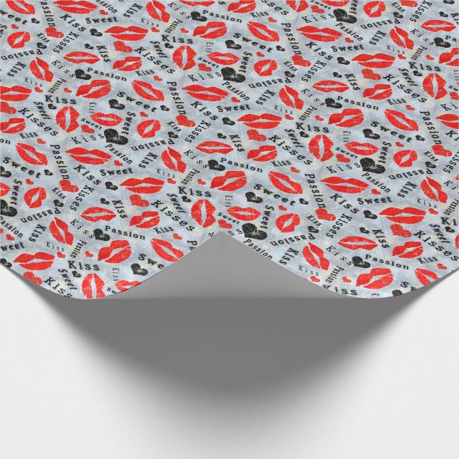 Hearts, red, black, Lip prints, kiss Wrapping Paper (Corner)