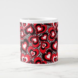 Hearts, red, black, white large coffee mug