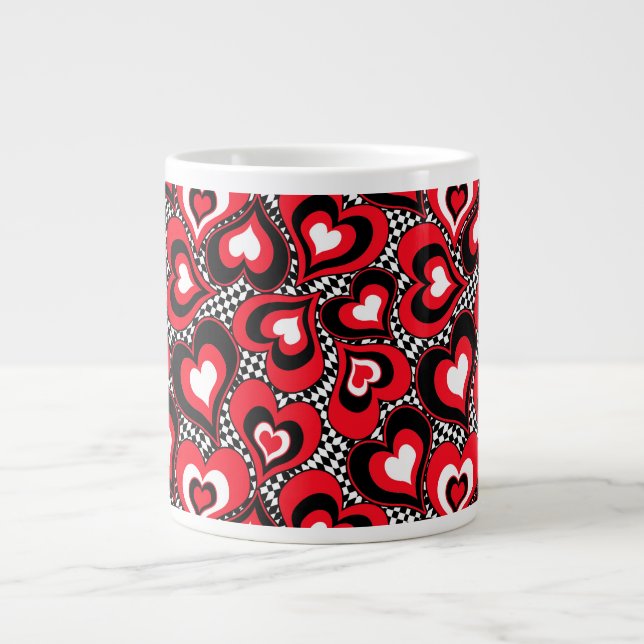 Hearts, red, black, white large coffee mug (Front)