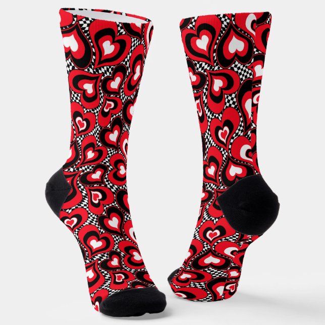 Hearts, red, black, white  socks (Angled)