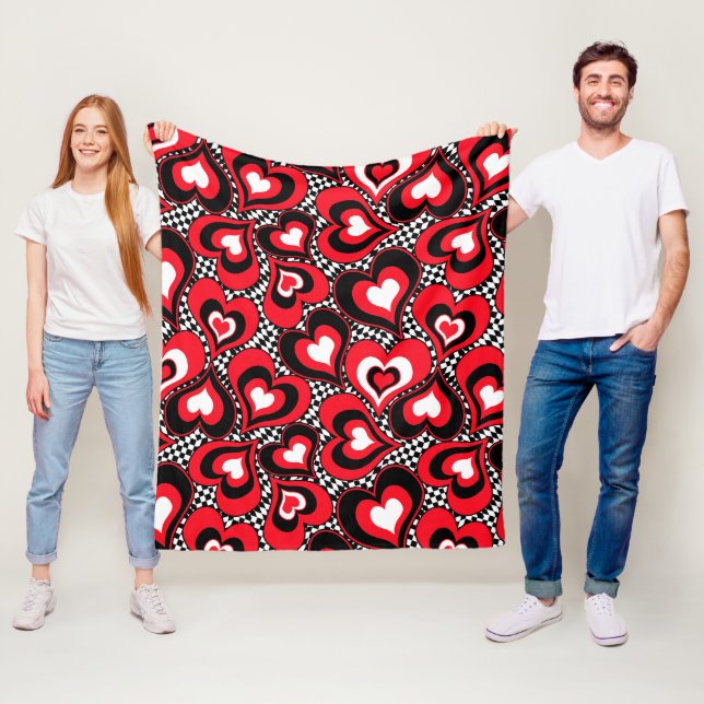 Hearts red  black  white  Valentine's day Fleece Blanket (In Situ)