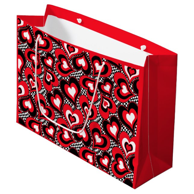 Hearts, red, black, white, Valentine's day . Large Gift Bag (Front Angled)
