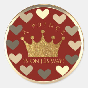 Hearts Red Gold Crown Prince Baby Shower Favour Classic Round Sticker