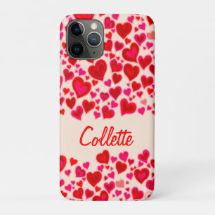 Hearts red hot pink & cream name iPhone 11 pro case