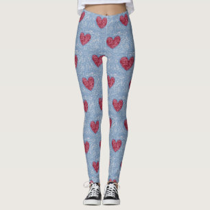 Hearts Red & Pink & Blue Faux Fuzzy Design Leggings
