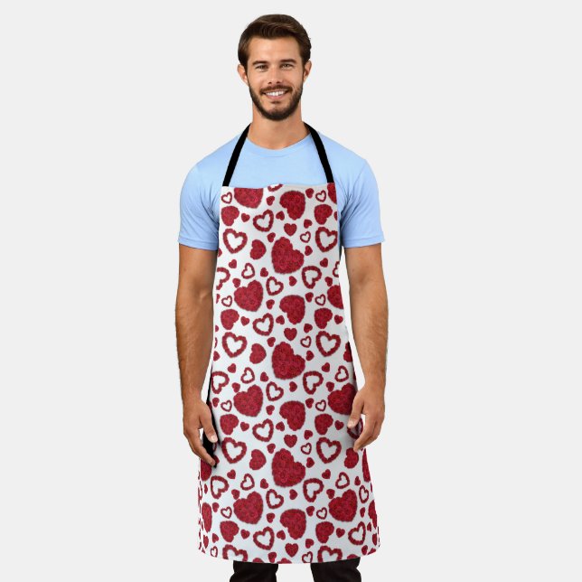 Hearts Red Roses Pattern Minimalist Valentine's Apron (Worn)